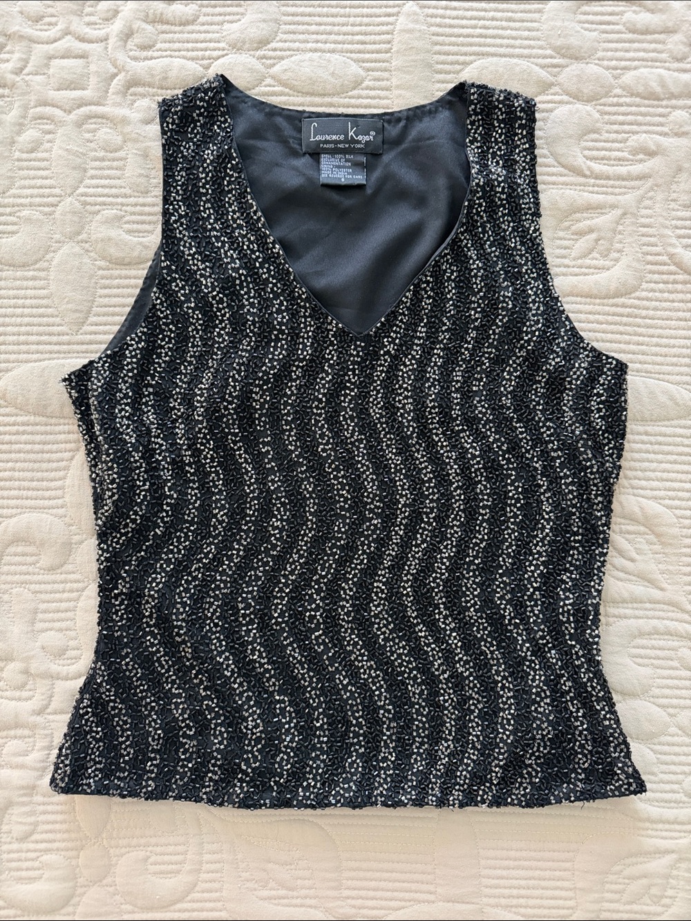 Laurence Kazar Black & Silver Beaded Silk V-Neck Sleeveless Knit Tank